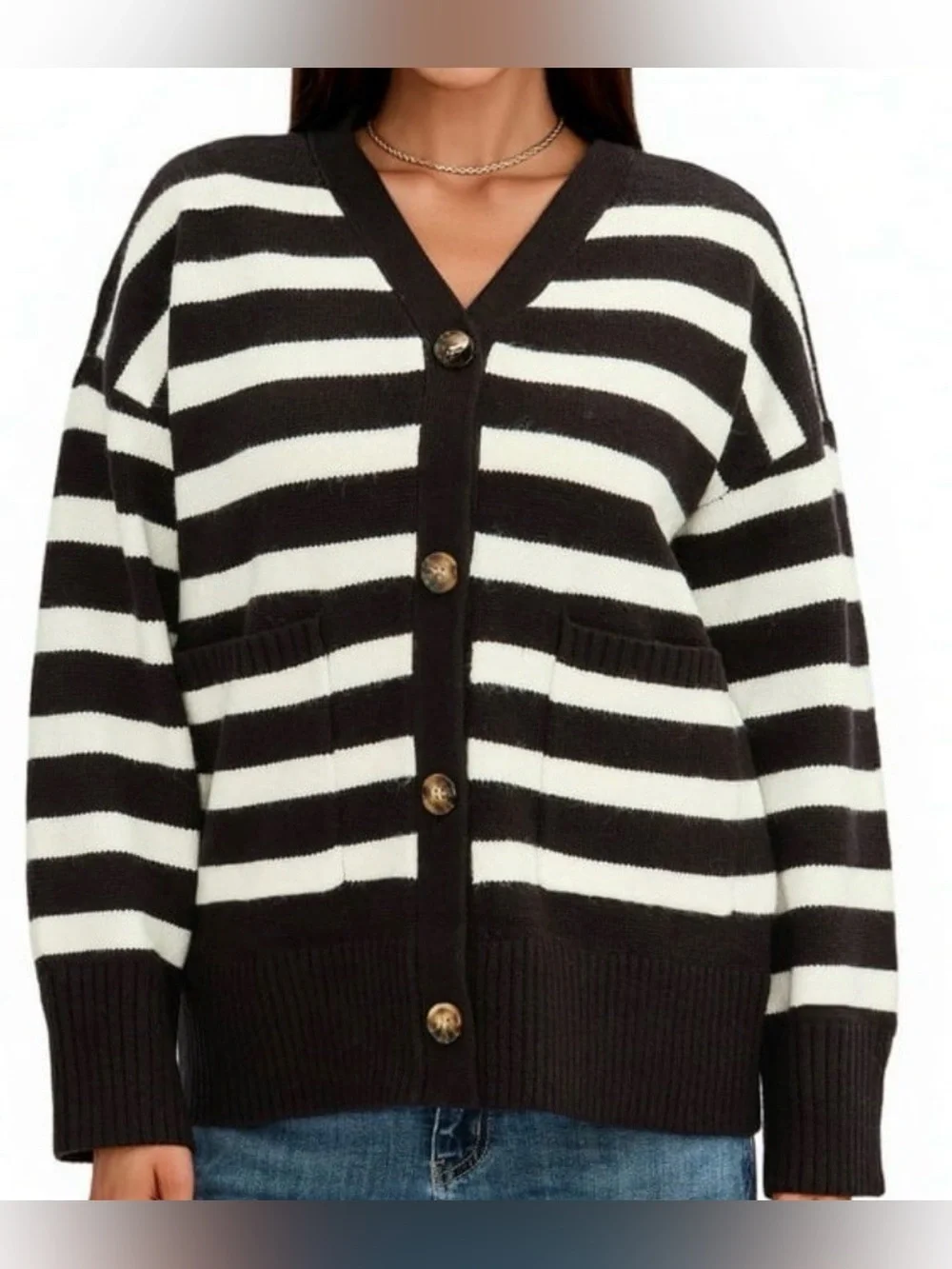 PrettyGarden Women Heavyweight Front Buttoning Cardigan Large Black & White NWT